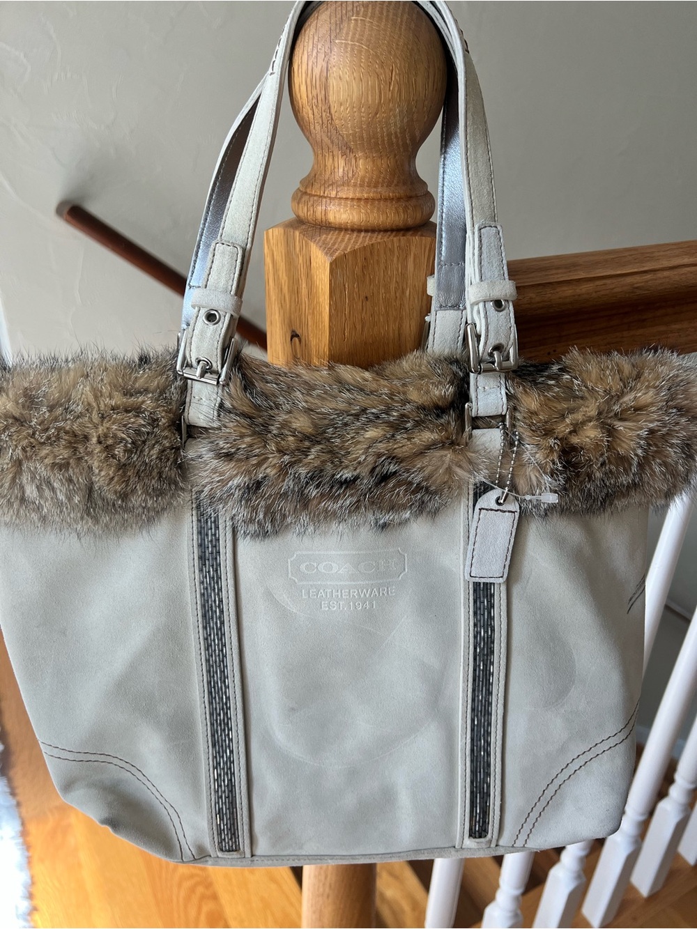NWT Coach Limited Edition Suede Fox Fur Beaded Tote Bag Purse - Picture 4 of 10